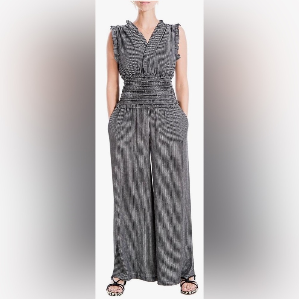 Max Studio Black and White Striped Wide Leg Jumpsuit